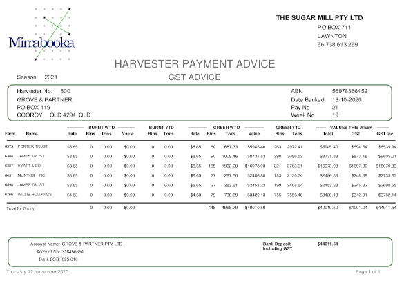 Harvester Payment Advice